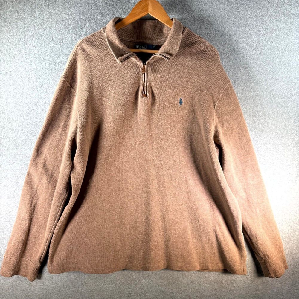 Vintage Polo Ralph Lauren Sweatshirt Men's 2XL Light‎ Brown 1/4 Zip Long Sleeve